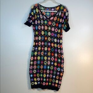 Handmade Crochet Floral Granny Square Dress Black Multicolor Boho Vintage Style
